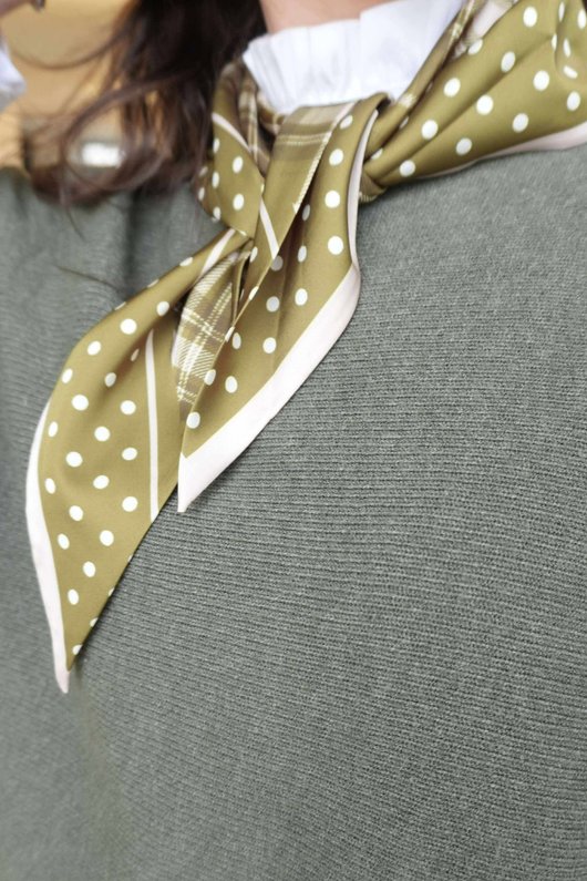 Plaid & Polka Border Triangle Silk Neckerchief Olive